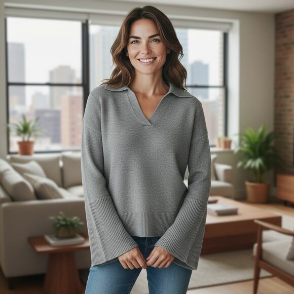 Nili Lotan Sweater Womens Medium Dark Gray Pure Cashmere V-Neck Pullover Relaxed - Picture 1 of 11